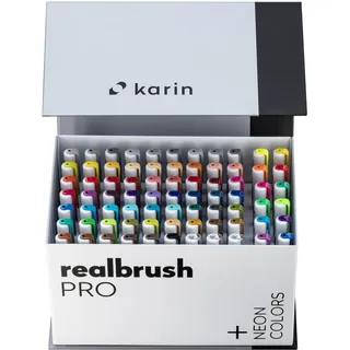 KARIN Realbrush PRO Mega Box PLUS - 72 Farben (einschließlich 12 Neonfarben) + 3 Blender in einer exklusiven Verpackung für den einfachen Gebrauch.