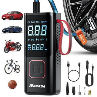 NAPASA Elektrische Luftpumpe 10,3 Bar Akku Luftpumpe Mini 6000mAh & 12V DC Tragbare Elektrische Kompressor mit alle ventile für Auto, Fahrrad, Motorrad, Mit Powerbank, LED-Licht, Automatischem