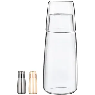 Nachttisch Wasserkaraffe Set mit Becher Glas Nachttasse Set, Mundwasser Flasche Karaffe mit Becher Deckel für Schlafzimmer Nachttisch Bad Küche 25oz/750ml (Transparent)