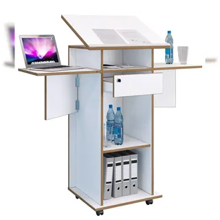 VCM Holz mobiles Rednerpult Maße ca. H. 107 bis 128 cm x B. 60 bis 123 cm x T. 44 cm rollbar mit Schublade Stehpult Stehtisch - Salia