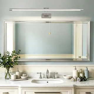 TYhogar LED Spiegelleuchte Badezimmer 90cm 16W, Badezimmer Spiegel-Leuchte, LED-Bilderleuchte mit Schwenkbarem Lampenkopf und Zugschalter, Wandleuchte Arc Arm IP44 Spiegel Beleuchtung Lampe