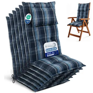 Beautissu 6er Set Gartenstuhlauflagen Hochlehner Auflagen 120x50 cm – 7cm Polster Sitzauflagen Gartenmöbel Made in EU – UV-Lichtecht Sitzpolster Gartenstuhl Blau Weiß Kariert – HighLux HL