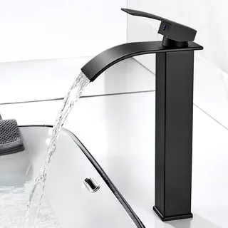 kisimixer Wasserfall Wasserhahn Bad Schwarz Matt, Hoch Wasserfall Waschtischarmatur, Waschbecken Wasserfall Armatur mit Auslauf Höhe 235mm Moderner Mischbatterie Waschbecken für G3/8'' Anschlüsse