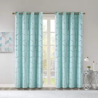 Intelligent Design Raina Total Blackout Metallic Print Grommet Top Window Curtain Panel Thermal Insulated Light Blocking Drape for Bedroom Living Room and Dorm, 50x63, Aqua/Silver