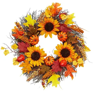 Herbstdeko Türkranzherbst Herbstdeko Outdoor Fall Dekoration Herbstkranz Für Haustür Herbstdeko Für Erntedankfest Herbstdeko Innen Outdoor Kränze Sonnenblumenkranz Für Haustür (Orange, 45X45X6CM)