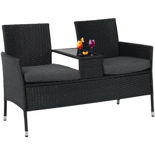 Albatros Gartenbank ANTONIO – Polyrattan Bank – 2-Sitzer Gartenbank mit Tischplatte aus Glas – UV beständig wetterfest – Stoffpolster – 134x82x55cm schwarz – VIP RELAX Sitzbank