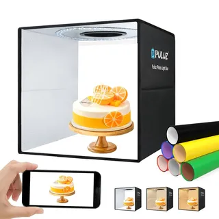 PULUZ fotobox 40x40cm zum fotografieren lichtzelt lightbox dimmbar fotozelt 144 LED 3 Farbtemperatur produktfotografie Foto Box mit 12 Farben Hintergründen