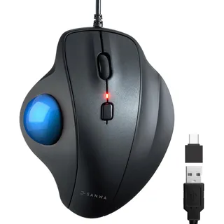 SANWA Trackball Maus mit Kabel, Leise Klik Mäuse, 600/800/1200/1600 DPI, USB-A & Type-C Anschluss, Vorbeugung Mausarm Tennisarm RSI, 34mm Ball Daumenkontrolle, Kompatibel mit Winows, Mac, PC, Blau