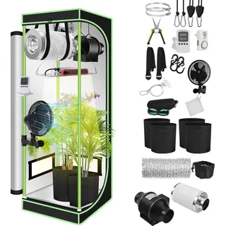 Faziango Growbox Komplettset,Indoor Gewächshaus mit 100W LED Vollspektrum Dimmbar, Carbon-Filter, Ventilator, Anzuchtzelt, Zuchtzelt,60x60x140 - Schwarz