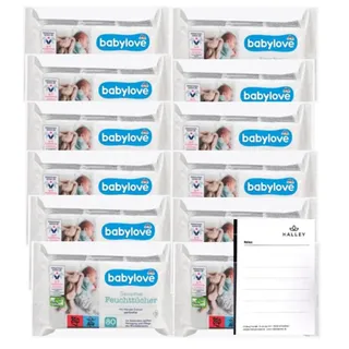 Babylove Feuchttücher sensitive 960 Tücher, Ohne Alkohol, Ohne Parfum, Vegan, pH-hautneutral (12x80St) + Halley Bedding Notizblock Set