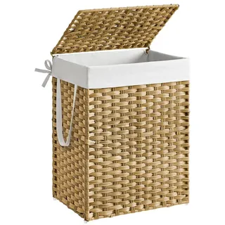 Songmics - Wäschekorb handgeflochten, 90 L, Wäschesammler aus synthetischem Rattan, mit Deckel und