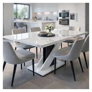 OTTO home Esstisch Veneto, Säulentisch, Speisetisch, Küchentisch, ausziehbar bis 160 cm, Platz für bis zu 6 Personen, verlängerbar durch Einlegeplatte schwarz|weiß