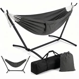 Sekey Hängematte mit Gestell, 150x200cm XXL-Liegefläche, Kokon-Effekt Baumwollhängematte, Tragkraft bis 200 kg, Höhenverstellbar, inkl. 2 Tragetaschen für Garten, Balkon & Camping,Anthrazit