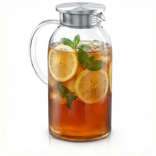Arendo Karaffe Glaskaraffe 1,8 Liter mit Deckel aus lebensmittelechtem Edelstahl, (Packung, 1x Glaskaraffe mit Edelstahldeckel), Borosilikatglas, 1800 ml, Sieb, hitze- und kältebeständig, BPA-frei weiß