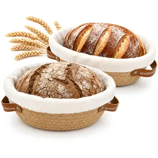 Gärkörbchen-Set für Sauerteigbrot, 23 cm rund & 26 cm oval aus Baumwollseil | Brot-Gärkorb-Set mit 2 Einlagen & 2 Abdeckungen für Boule & Batard, Backgeschenk für Frauen, Ehefrauen & Mütter