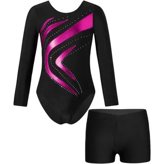 HWJFDC Turnanzug Mädchen Kinder Patchwork Gymnastik Trikot Body Langarm Dancewear Sets Ballett Outfit for Mädchen Kinder Eiskunstlauf Overall(Hot Pink,10)
