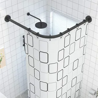 Duschstange Ohne Bohren Ecke Wanne Duschvorhangstange Aus Edelstahl L-Form Bogenstange Winkelstange 100 Prozent Rostfrei,Schwarz,60~80×60~80 cm