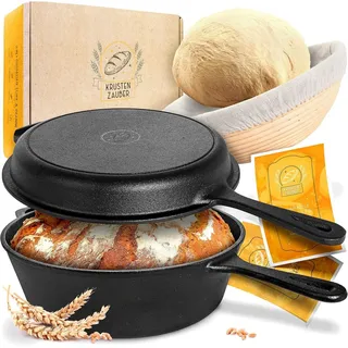 krustenzauber 26cm Gusseisen Topf Brot Backen inkl. Gärkorb - Robuster Brottopf zum backen - Ideale Brotbackform mit Deckel, Gusseisenpfanne, Zubehör, Pfanne