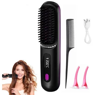 Clinora Stylingbürste,Stylingbürste für Kurze Haare,Glättbürste Kabellos mit LED-Anzeige,Haarglätter Bürste & Stylingbürsten,3 Temperaturstufen,für Glattes,Lockiges und Trockenes Haar,Tragbar
