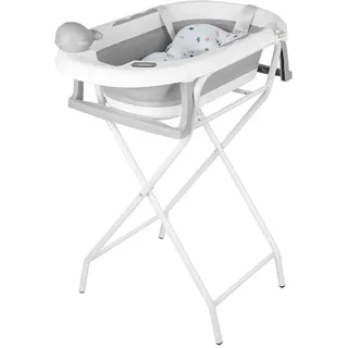 Supfine Faltbare Babybadewanne auf Stützbeinen, Große Faltbare Babybadewanne mit Stützrahmen, Thermometer, Badematte und Abfluss-Kit (Grau, 55x40x90 cm)