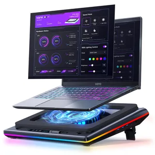llano V12 Ultra Laptop Cooler Kühlpad mit intelligenter Softwaresteuerung, RGB Gaming Laptop Kühler intelligente Temperaturregelung 5,5 Zoll Turbo Lüfter, 3*USB 3,0 Anschlüsse für 15,6-19 Zoll Laptops