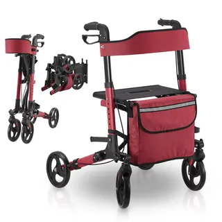 Juskys Aluminium Rollator Vital mit Sitz Rot