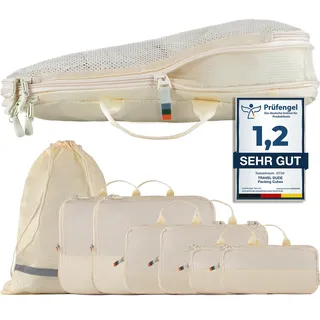 TRAVEL DUDE Reise-Organizer | Gepäck Kompressionstasche | aus recycelten Plastikflaschen | Packing Cubes | Kofferaufbewahrung | Reisetaschen für Rucksack | 7-teilig, Beige