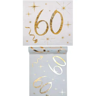 Eventausstattung24 Geburtstag Set/Tischband 60 Gold + Servietten 60 Gold/Geburtstagsdekoration/Servietten 60/ Tischband Geburtsta