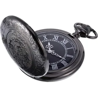 Herren Taschenuhr mit schwarzem Zifferblatt und Kette, Quarzwerk, Schwarz