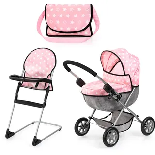 Bayer Design 13730AB Set Puppenwagen faltbar, Softer Griff, mit Tasche, Hochstuhl, Rosa, Grau