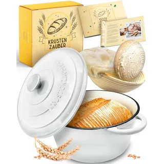 KRUSTENZAUBER Gusseisen Topf Brot backen emailliert inkl. Gärkorb - 26cm Emaille-Topf samt Zubehör - Ideal als Brotbacktopf, Brottopf, Brotbackform mit Deckel, Gusseisentopf Brotbacken, Schmortopf