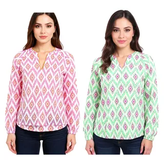 ZWILLINGSHERZ Damen Sommer-Bluse mit auffälligen-Muster Baumwoll Langarmshirt 33227 Weiß/Orange/Pink oder Weiß/Grün/Pink - S/M
