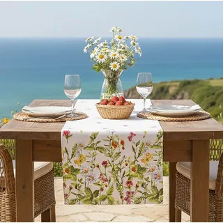 KAMACA Tischläufer Wiesenblumen und Schmetterlinge – 40x90 cm Kleiner Läufer für Frühling und Sommer – Florales Druck-Motiv für Garten, Outdoor und Haus – Waschbare Tischwäsche