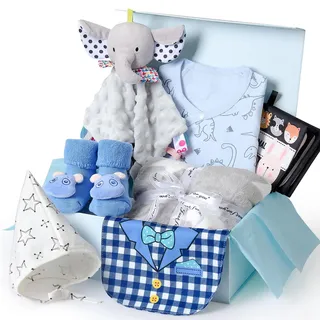 vamei Baby Geschenk Jungen, Neugeborenen Geschenk Babygeschenke zur Geburt Junge Mädchen mit Strampler Decke Schnuffeltuch Babybuch Lätzchen Socken Grußkarten Baby Shower Party