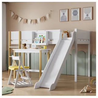 XDeer Hochbett Hochbett, Etagenbett mit dreistufiger gerader Leiter,Kinderbett Jugendbett mit Rutsche und Tisch, mit abnehmbarem Regal