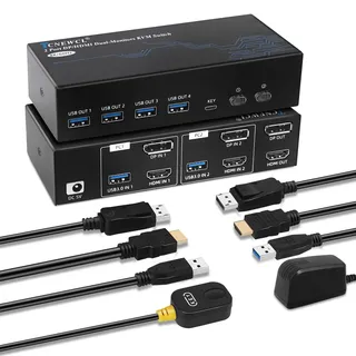 TCNEWCL HDMI Displayport KVM Switch 2 PC 2 Monitor, 8K 60Hz 4K 120Hz, USB 3.0 und Dual Monitor, Support Extended & Copy Mode, mit 2 HDMI+DP+USB Kabeln und Desktop Controller