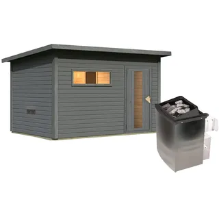 Karibu Gartensauna Saunahaus Hytti 6 terragrau Energiesparende Saunatür 9 kW Ofen integr. Steuerung