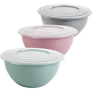 3er Set Kunststoffschüssel Rührschüssel Salatschüssel Schüssel mit Deckel Ø 28cm - Grün/Grau/Rosa/Transparent