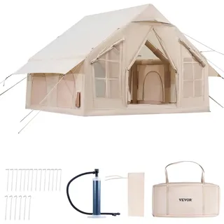 Vevor Aufblasbare Zelte für Camping 3x3x2,3 m, 4–6 Personen, 300D Oxford 4-Jahreszeiten-Glamping-Zelt mit Handpumpe, Ofenanschluss, 2 Türen & 4 Netzfenstern, inkl. Aufbewahrungstasche für Transport