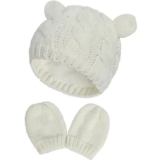 Baby Mütze Handschuhe Set, Strickmützen mit niedlichen Bär Ohren Winter Beanie Handschuhe, Warm Mütze Strickmütze Baby Wintermütze für Kleinkinder 0 bis 24 Monaten, Weiß M