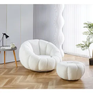 SalesFever Sessel Bonn Teddyfell 97 x 65 x 95 cm Weiß mit Hocker drehbar