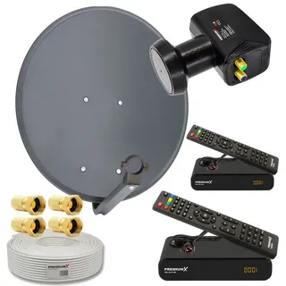 PremiumX Satelliten-Komplettanlage 2 Teilnehmer 60cm Antenne Twin LNB 25m Antennenkabel F-Stecker 2x HD TV Satelliten-Receiver