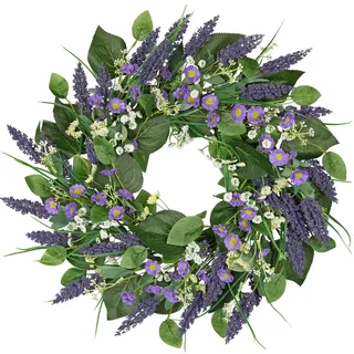 Künstliche Lavendel Blumenkranz Türkranz Osterkranz Deko Groß Frühlingsdeko für Frühlings-Sommer-Osterdekoration, Haustür, Innen- und Außenbereich, Heimdekoration, Osterdekoration