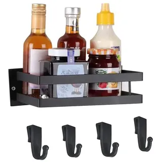 YunNasi Gewürzregal Wand Ohne Bohren Schwarz Metall 1 Etage Küchen Wandregal Küchenregal Wandmontage Hängend Hängeregal für Küche Badezimmer Balkon (Matte Black, 20cm)