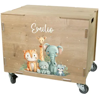 Striefchen® clipfritz Rollbox personalisiert mit Name – Personalisierbare Aufbewahrungsbox mit Rollen & Deckel – Spielzeugkiste aus Holz als Geschenk für Kinder (Safari)