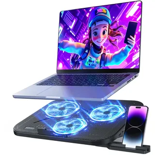 Aisunkutech Laptop-Kühlkissen, 3 Lüfter für 13,4 x 10,1 cm Laptops, höhenverstellbarer Laptop-Kühlständer mit 2 USB-Ports & Handyhalterung
