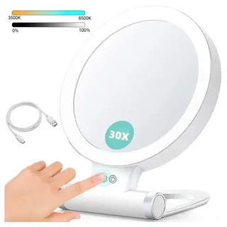 PRIISF Vergrößerungsspiegel 30 fach Kosmetikspiegel Tischspiegel Schminkspiegel Reisespiegel LED (USB Wiederaufladbarer 3-Farben Dimmbar, Aufladbar, Handspiegel, Aufstellspiegel, LED-Lichtspiegel), Beidseitig Makeup Spiegel Badspiegel für Badezimmer unterwegs weiß