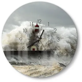 DEQORI Wanduhr 'Leuchtturm bei Sturmflut' (Glas Glasuhr modern Wand Uhr Design Küchenuhr) grau 50 cm x 50 cm