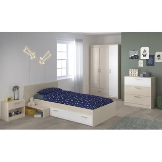 Parisot Jugendzimmer-Set CHARLY 12 weiß/braun 4-teilig - ohne Matratze - ohne Lattenrost - Holznachbildung Akazie - Bett - Kleiderschrank - Nachtschrank - Kommode