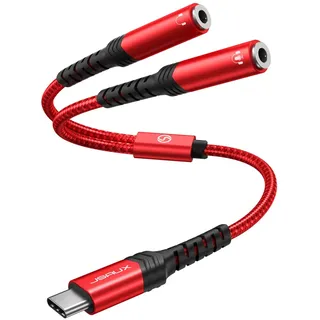 JSAUX USB C Klinke Kopfhörer Splitter Aux Adapter [28CM] USB C auf Dual 3.5mm Klinke Splitter Audio Y Kabel kompatibel mit iPhone 16/15 Pro Max Plus, Huawei P40, Galaxy S24 S23 S22 Ultra, Pixel-Rot